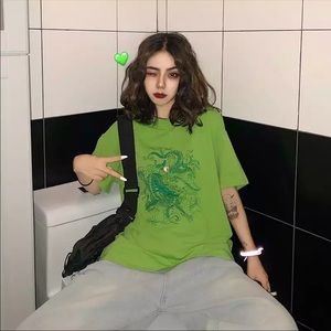 Cute Green Dragon Print Oversized Tee